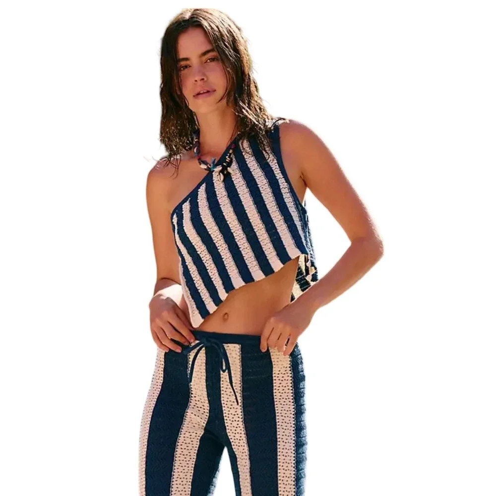 Free People free-est Joan‎ Fauxchet Set XL NWT Blue Cream One Shoulder Knit